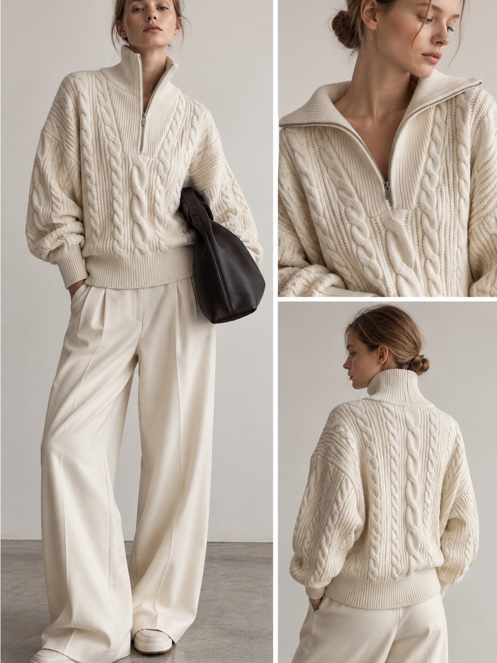 Marithé + François Girbaud Cable Knit Cashmere Wool Zip Sweater OS Chunky